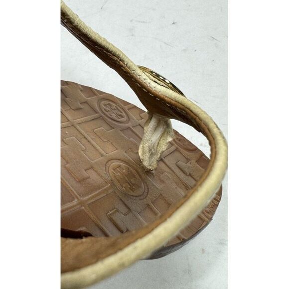 Tory Burch Thora Embossed Cream Leather Flip Flops Womens Size 7 M Sandals Shoes - Picture 8 of 9